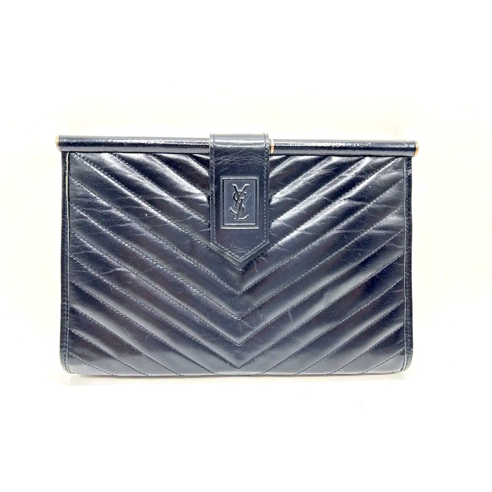 YSL Chevron Black Leather Clutch Vintage Yves Saint Laurent